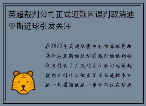 英超裁判公司正式道歉因误判取消迪亚斯进球引发关注